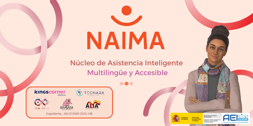 NAIMA project banner showing a smiling female avatar and its "Multilingual and Accessible Intelligent Assistance Core."