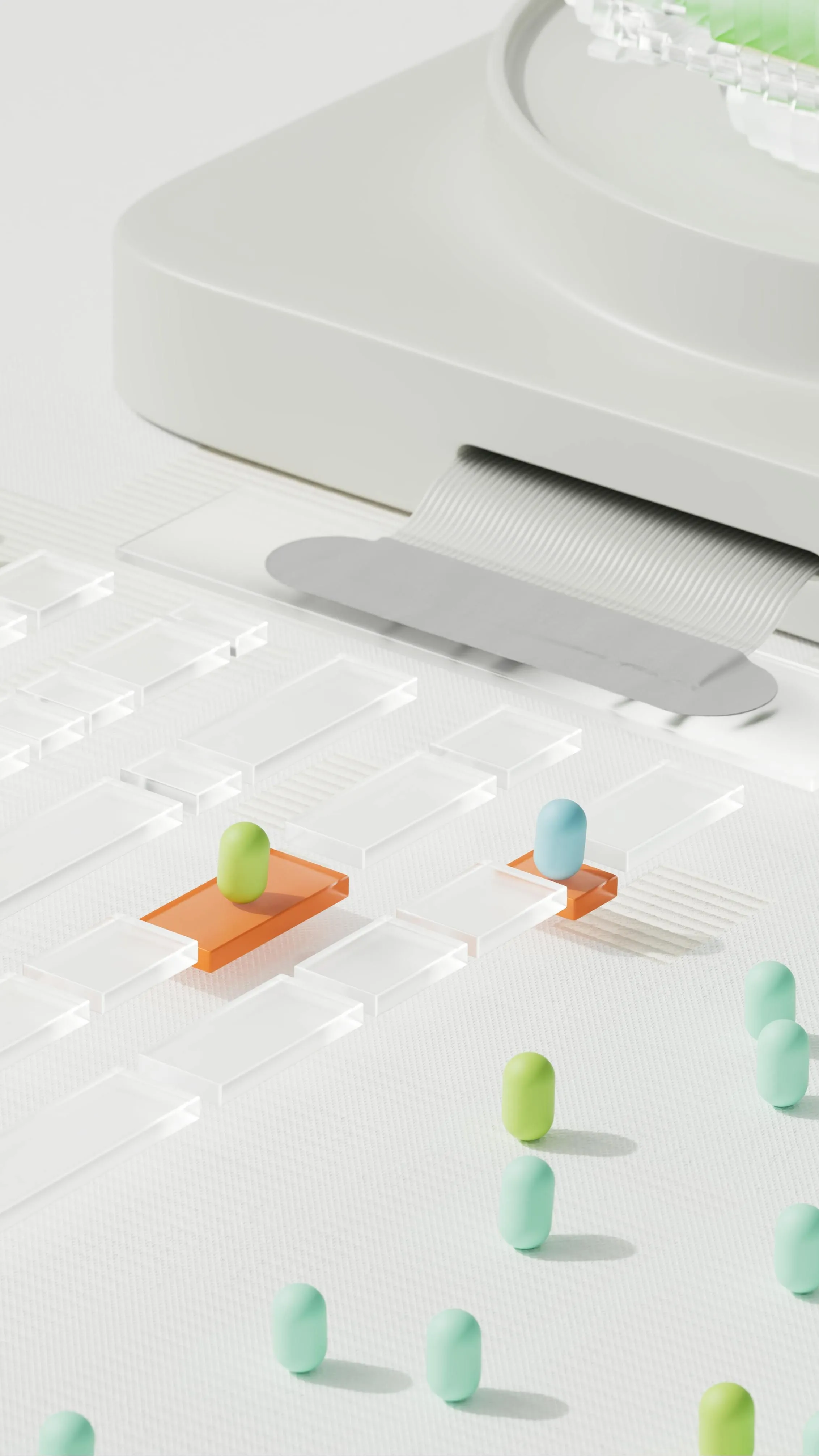Minimalist gaming setup featuring a white console and vibrant miniature game tokens on a white surface.