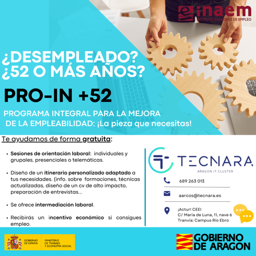 Advertisement for PRO-IN +52 program by INAEM and TECNARA for unemployed individuals aged 52+.